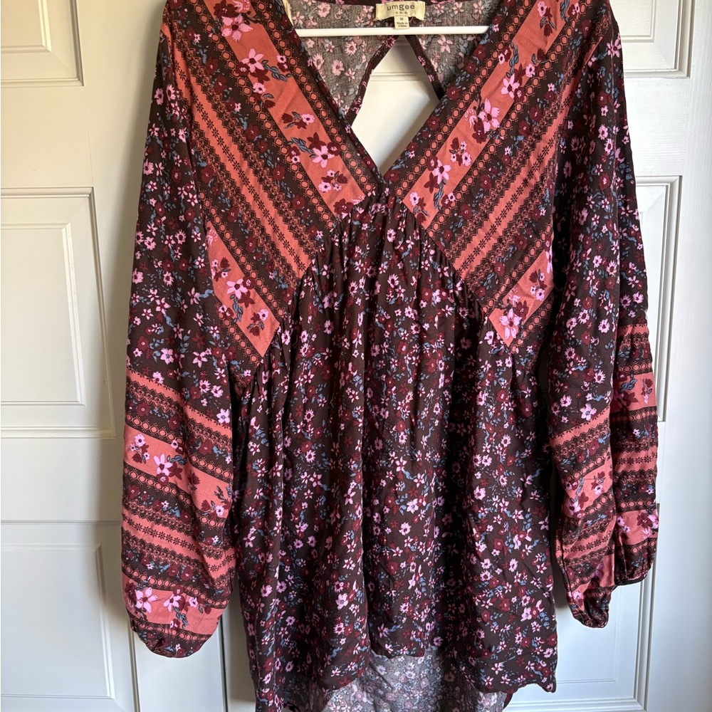 Boho V-Neck Floral Peasant Blouse - Pink/Burgundy